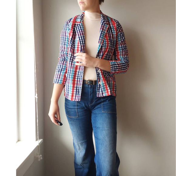 Vintage 70s Lightweight Plaid Seersucker Blazer - Picture 2 of 8
